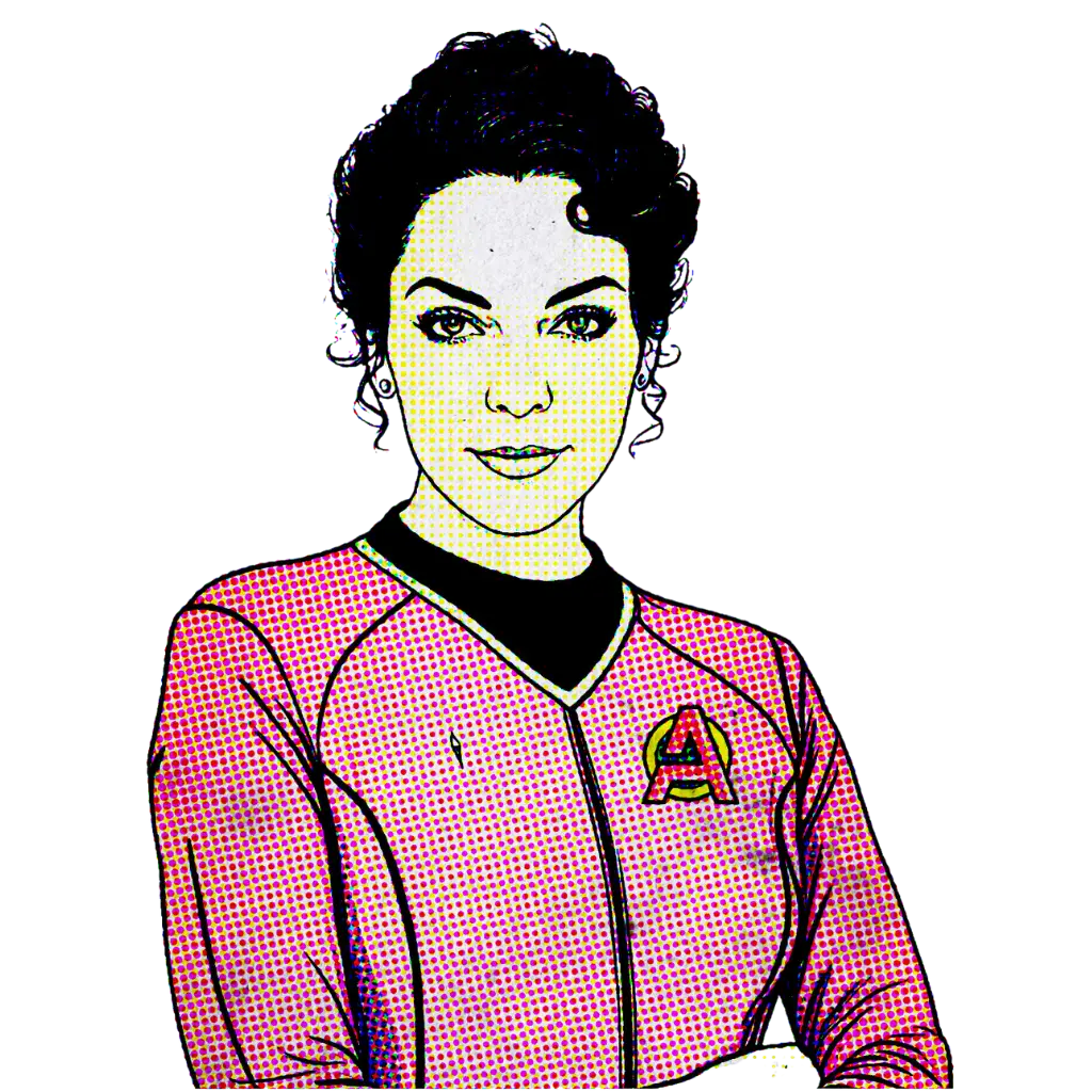 Cayetana, estilo cómic de Star Trek, con traje rosa.